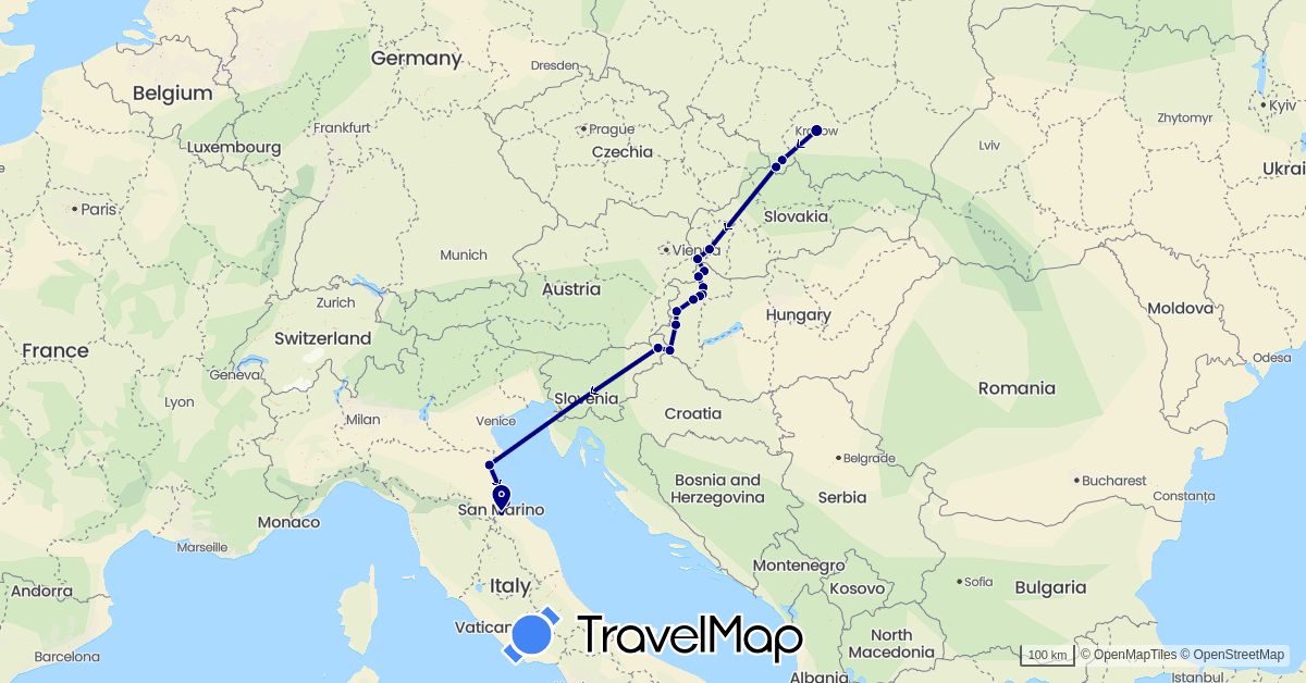 TravelMap itinerary: driving in Hungary, Italy, Poland, Slovenia, Slovakia (Europe)
